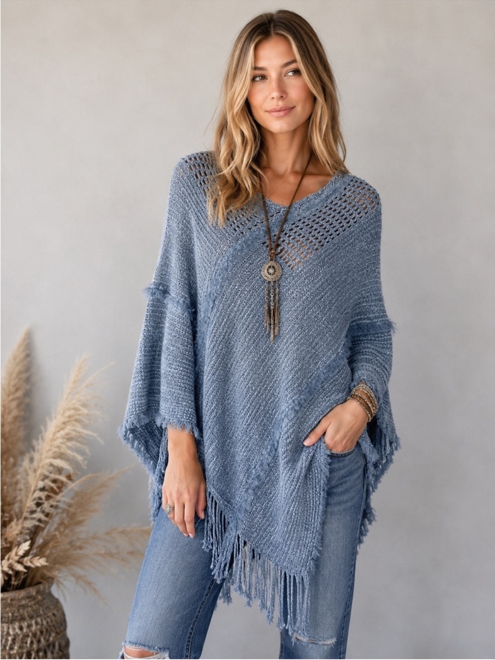 NATURAL LIFE Sky Blue Chenille Poncho Scarf Boho Lagenlook Festival Soft OS